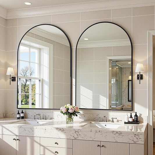 Arched Mirror 24"x36", Bathroom Mirror, Wall Mounted Vanity Mirror with Arch Metal Frame for Bathroom, Over Sink, Bedroom, Living Room, Flat Frame, Black