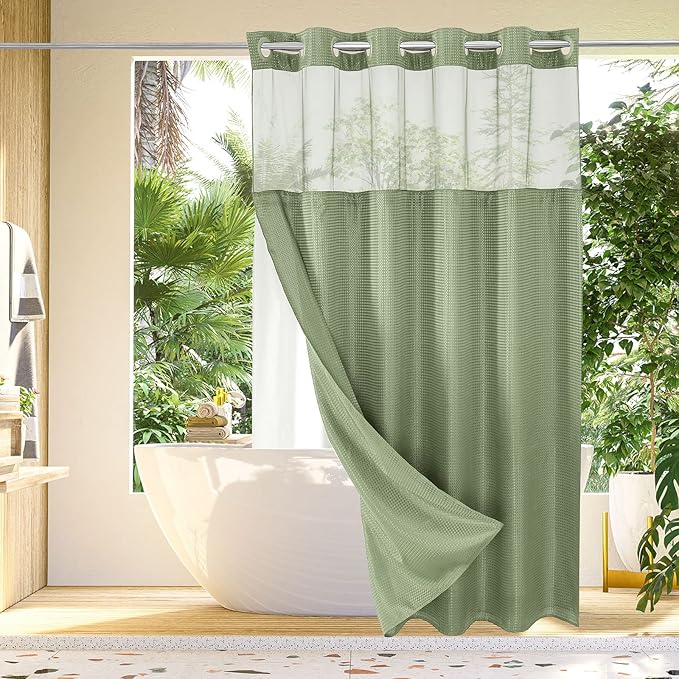 Gibelle Extra Long Shower Curtain 72x86, Waffle Weave Bathroom Shower Curtain with Snap-in Fabric Liner Set, No Hooks Needed, Hotel Style with Mesh Top Window, Sage Green