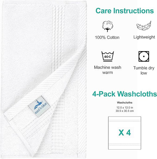 EastNBlue Lara 100% Turkish Cotton Washcloths 4 Pack, Extra Soft & Absorbent Wash Cloths for Face & Body (12" x 12"), Terry Cloth, Small Hand Towels for Bathroom, White