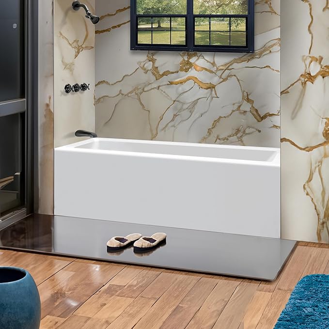 Fine Fixtures Acrylic, Fiberglass Alcove Soaking Bathtub with Integral Apron Front in Glossy White - Left Hand Drain, 66" x 32"