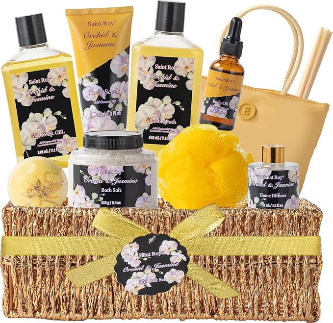 christmas gift bath basket, Bath and Body Gift Basket Orchid & Jasmine Spa Gift Baskets for Women Fragrant Body Lotions, Christmas Gifts for Women, Home Spa Gift Basket, Bath Kit Cosmetic bag Sets