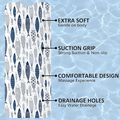 Fish Bathtub Mat Non Slip, Boho Baby Bath Mat for Tub Rubber Tub Mat, Cute Kids Bath Mats for Bathroom Ocean Anti Slip Shower Mat with Suction and Drain Holes Machine Washable, 40″X16″