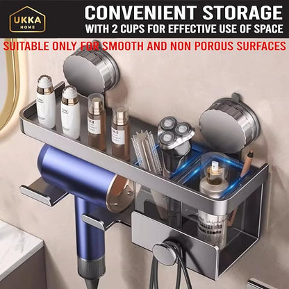 Suction Cup ALUMINUM Hair Dryer Storage Organizer with Shelf & Hooks for Bathroom. Reusable, Rustproof, No Drill, No Tools. Multifunctional, Hang Towel, Loofah, Sponge (2 Cups, Gray)