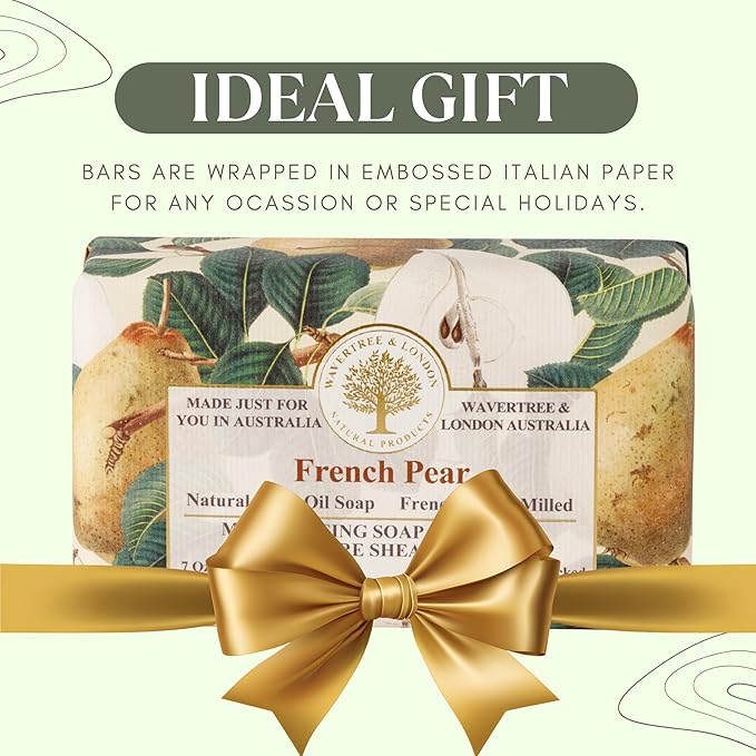 Wavertree & London French Pear Scented Natural Soap (2 Bars), 7oz Moisturizing French Triple Milled Soap Bars enriched with shea butter - Pure Plant Based Bath & Body Bars for All Skin Types