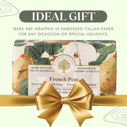 Wavertree & London French Pear Scented Natural Soap (2 Bars), 7oz Moisturizing French Triple Milled Soap Bars enriched with shea butter - Pure Plant Based Bath & Body Bars for All Skin Types