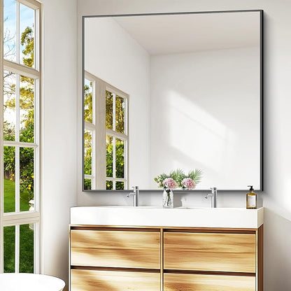 BONEWEI Bathroom Mirror,48x48 inch Large Wall Mirror for Bathroom Wall Mounted,Black Rectangle Wall Mirrors,Square Mirror for Living Room,Farmhouse, Bedroom Entryway, Horizontal/Vertical