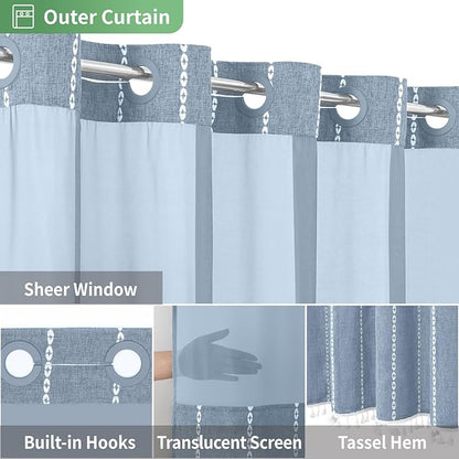 No Hook Stall Shower Curtain with Snap-in Fabric Liner - 54x80 Heavy-Duty Linen Textured Striped Design,Narrow Rustic Modern Farmhouse Bohemian Bathroom Curtain,Water-Repellent,Blue