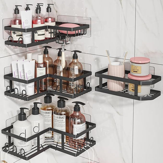 Shower Caddy Corner with Soap Holder, No Drilling Shower Shelves-Rustproof, Adhesive Shower Organizer Corner for Dorm. Black, 4-Pack
