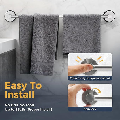 14.6inch~24inch Towel Racks for Bathroom,Adjustable Suction Cup Towel Bar for Bathroom Wall,Stainless Steel Bath Towel Holder for Shower,2 Pack(Brushed Silver)