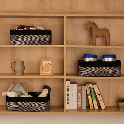 Large Shallow Organizing Baskets 15x11x5.1 Inches - Rope Woven Storage Bins for Bathroom, Shelves, Cube Closet, Black Woven Brown 4 Packs