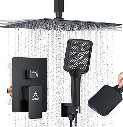 Rain Shower System 12IN Modern Brass Faucet Set With Valve and Diverter Shower Mixer With Handheld High Pressure Square Rainfall Shower Valve (12'' Ceiling Mount, Matte Black)