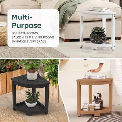 Waterproof Corner Shower Stool for Inside Shower, Poly Lumber Shower Bench Seat Chair, Bath Shower Stool for Shaving Legs Foot Rest with Storage Shelf, Adjustable & Non-Slip Feet, White