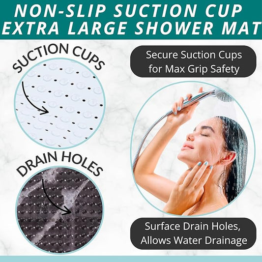 ENKOSI Extra Large Square Non Slip Shower Mat - 31 x 31-inch XL Bathroom Shower Mat - Square Shower Matts for Shower Stall Floors | Secure Suction Cups and Drain Holes (31x31 Marble Black)