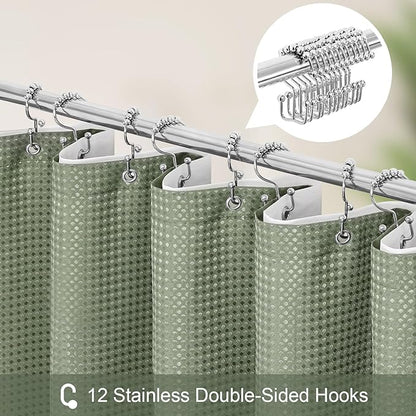 3 in 1 Extra Long Shower Curtain Set-72 W x 84 H, Sage Green Waffle and PEVA Liner Set with 12 Stainless Steel Hooks, Waterproof Fabric for Bathroom