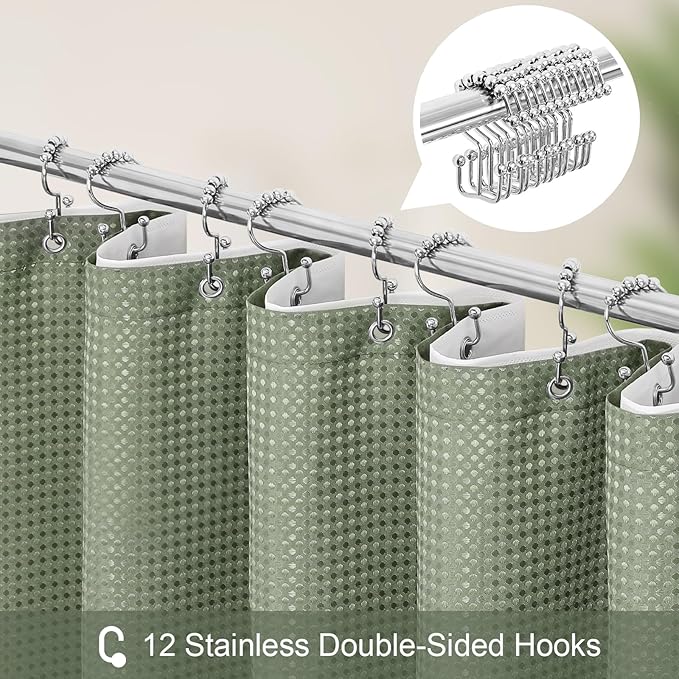 3 in 1 Stall Half Size Shower Curtain Set-36 W x 72 H, Sage Green Waffle Waterproof Fabric and PEVA Liner Set with Stainless Steel Hooks