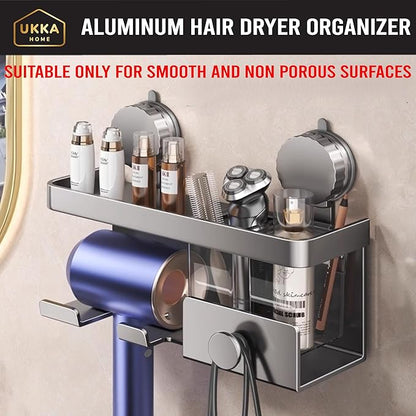 Suction Cup ALUMINUM Hair Dryer Storage Organizer with Shelf & Hooks for Bathroom. Reusable, Rustproof, No Drill, No Tools. Multifunctional, Hang Towel, Loofah, Sponge (2 Cups, Gray)