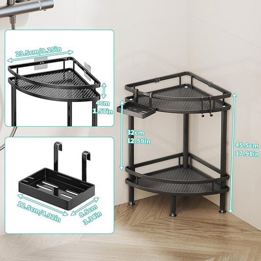 HapiRm Standing Corner Shower Caddy - 2 Tier Shower Organizer Corner with Soap Holder and 2 Hooks, Rustproof Bathroom Storage Shelves with Adhesives, Black