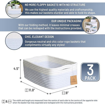 NaturalCozy 11.8"x8"x4.5” Rectangle Storage Baskets for Shelves 3 Pack | Cotton Rope Woven Small Baskets for Organizing | Small Storage Bins for Nursery, Bathroom, Closet, Shelf, Decorative, Gift