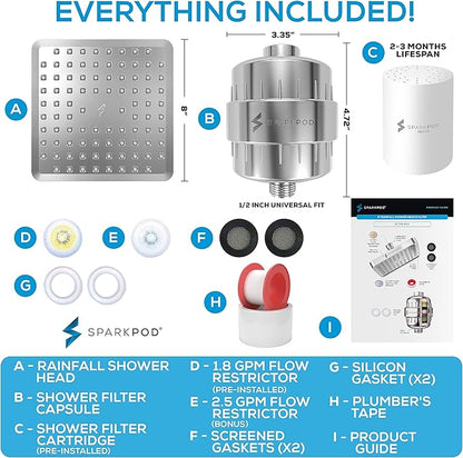 SparkPod Luxury Filtered Shower Head Set 23 Stage Shower Filter - Reduces Chlorine and Heavy Metals - High Pressure Showerhead Filter (8" Square, Luxury Polished Chrome)