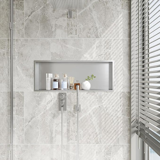 Neodrain 30X12Inch Recessed Brushed Shower Niche, Stainless Steel Bathroom Wall Niche NO Tile Needed Shower Cabinet Cubby for Bathroom Storage Built-in Wall