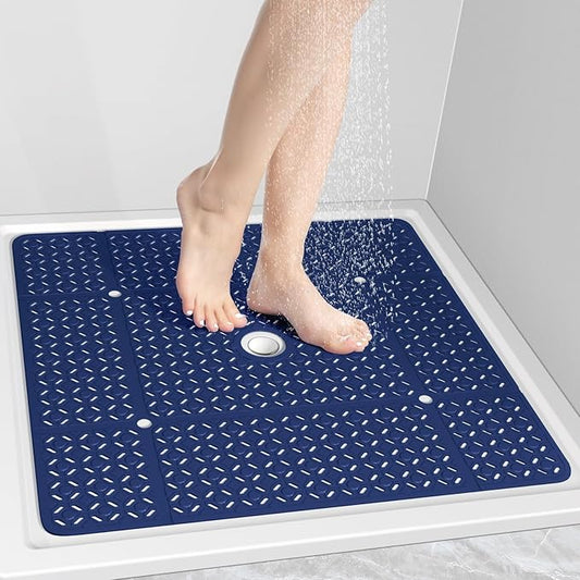 OTHWAY Square Shower Mat, 27"x 27" Extra Large Shower Mats for Inside Shower, TPE Anti Slip Shower mat with Suction Cups Drain Holes, Machine Washable Shower Floor Mat (Navy Blue)