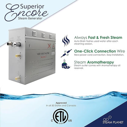 Superior Encore 6kW Steam Shower Generator Kit with Horizontal Black Keypad & Set of 6 Aromatherapy Oils |Self-Draining Steam Bath Generator|One-click Connection Cord|