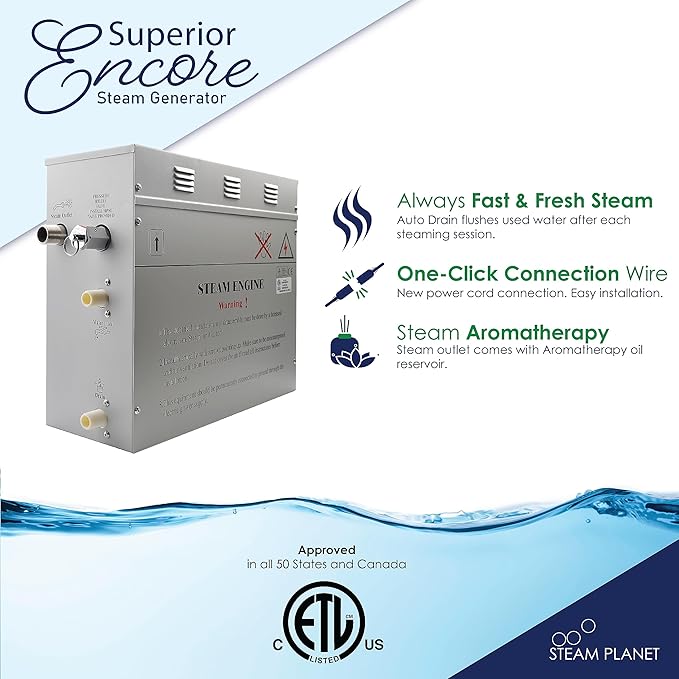Superior Encore 9kW Steam Shower Generator Kit with Horizontal Black Keypad & Set of 6 Aromatherapy Oils |Self-Draining Steam Bath Generator|One-click Connection Cord|