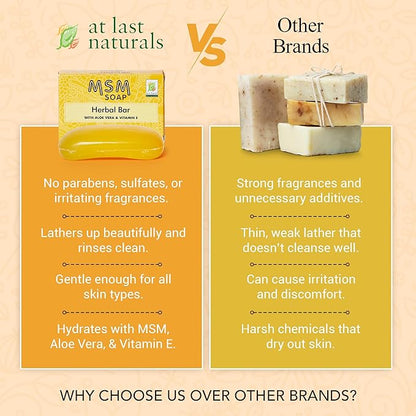 At Last Naturals MSM Soap Bar Body Soap for Men and Women Fine Line Wrinkle Reduction Herbal Moisturizer with Aloe Vera Vitamin E Essential Oils Deep Cleansing for Sensitive Skin 3 Ounce (Pack of 3)