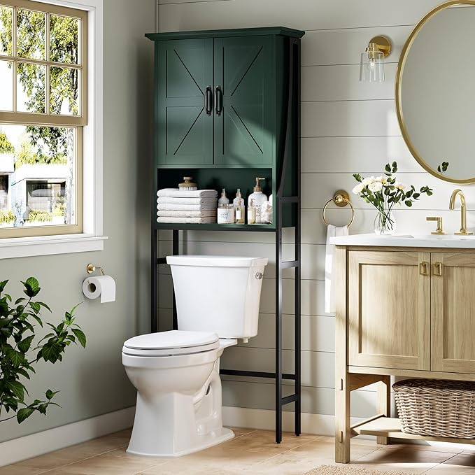 Over The Toilet Storage Cabinet, Over Toilet Bathroom Organizer with Barn Doors Above Toilet Storage Cabinet Spacesaver Behind Toilet Bathroom Organizer (Forest Green)