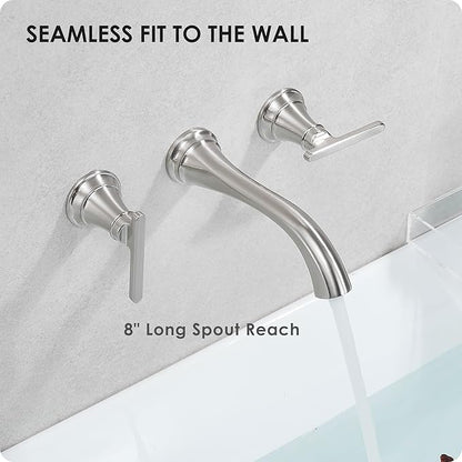 Brass Wall Mount Tub Filler, High Flow 8" Spout Reach Brushed Nickel Bathtub Faucet, 2 Handles Tub Faucets, Rough in Valve Included