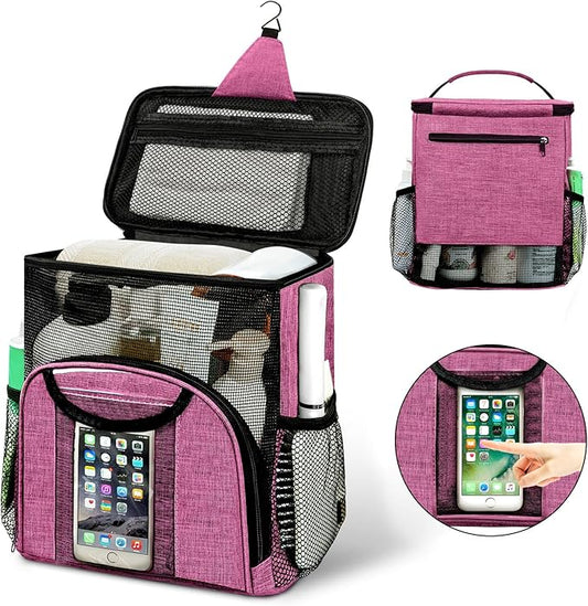 Attmu Portable Shower Caddy College Tote Bag, Quick Dry Hanging Toiletry Bag, Large Capacity Mesh Shower Caddy Portable for College Dorm Room Essentials for Boys and Girls for Bath Camping (Pink)