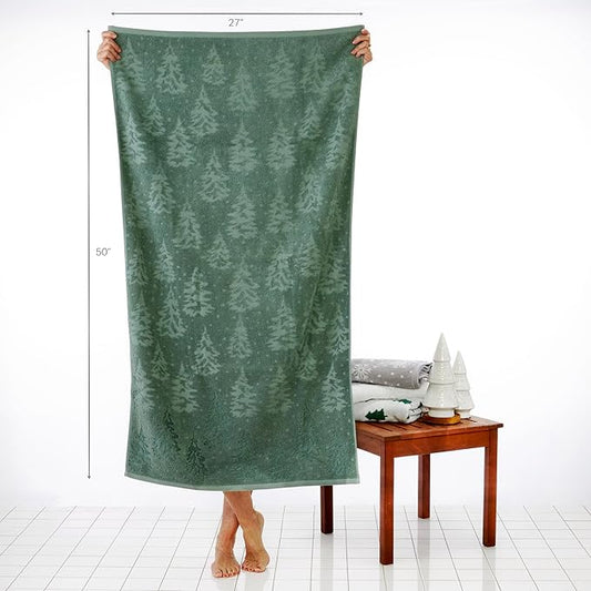 SKL Home Fall/Christmas/Winter Wispy Trees Premium Cotton Blend Bath Towel, 500 GSM, Soft & Absorbent Jacquard, Sage