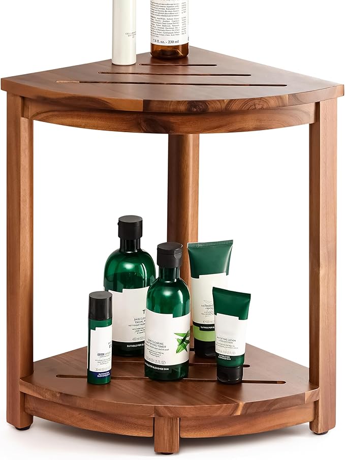HOLANA 18" Wood Corner Shower Bench & Corner Shower Stool with Storage Shelf - Footrest for Shaving Legs - Bath Step for Small Spaces - Perfect for Indoor or Outdoor (Acacia)