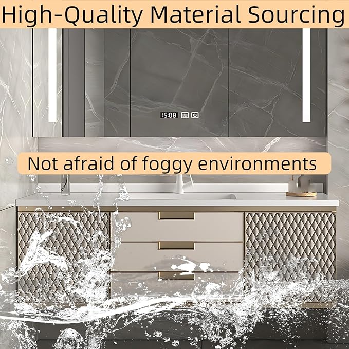 68IN Modern Bathroom Vanity - Wall-Mounted Bathroom Cabinet with LED Light | Intelligent Defogging Mirror Cabinet Includes Time Display Function, 2 Drawers & 2 Storage Cabinets (Style A)