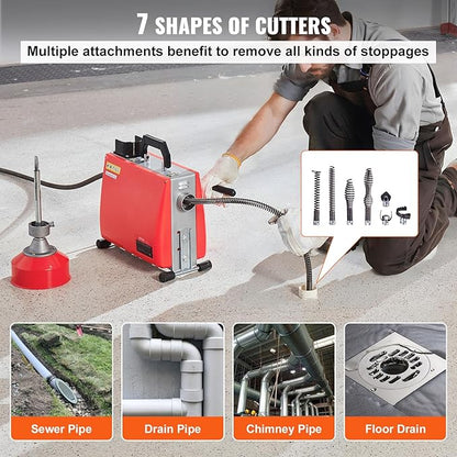 VEVOR 66FT x 5/8 Inch Drain Cleaner Machine, 250W Electric Sewer Snake Auger Manual Feed - with 7 Cutters, 2 Steel Cables (66' x 5/8" and 15' x 3/8")& CW/CCW Control for 1.6" to 4" Pipes