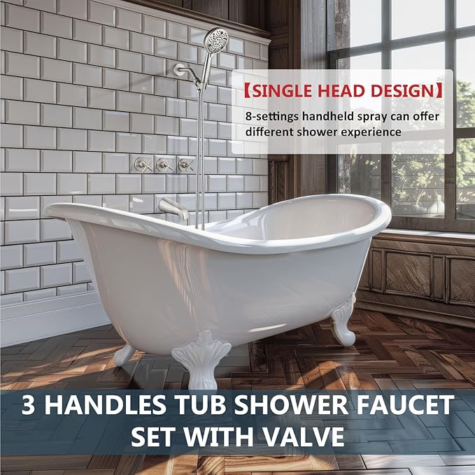 Aolemi 3 Handles Tub Shower Faucet Set with Valve Bathtub Combo Set Shower System Complete Trim Kit Wall Mounted Brushed Nickel