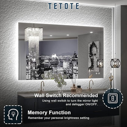 TETOTE 40 x 24 Inch LED Backlit Bathroom Vanity Mirror with Light,Anti-Fog,Dimmable,CRI90+,Touch Button,Water Proof,Horizontal/Vertical,Wall Mounted Lighted Mirror