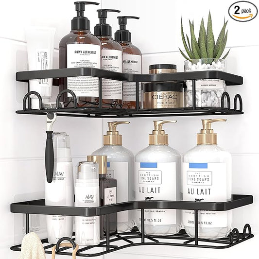 Corner Shower Caddy - 2 Pack, Adhesive Shower Organizers, Rustproof Stainless Steel Shower Shelves with 8 Hooks, No Drilling Bathroom Organizers and Storage Racks, Space-Saving, Black,Medium