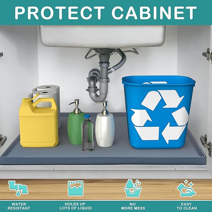 URMONA Waterproof Silicone Under Sink Mat 25'' x 22'' Shelf Liner for Kitchen and Bathroom, Cabinet and Counter Protector, Storage and Organizers, Litter Mat, Pet Cat Puppy Essentials(Green)
