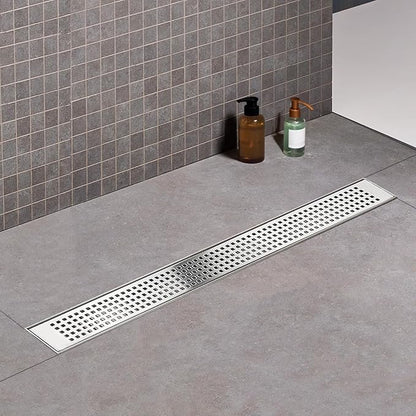 Offset Linear Shower Drain, Shower Drain 24 inch with Removable Grate Cover, Professional AISI 304 Stainless Steel Side Outlet Shower Floor Drain with Hair Catcher and Leveling Feet
