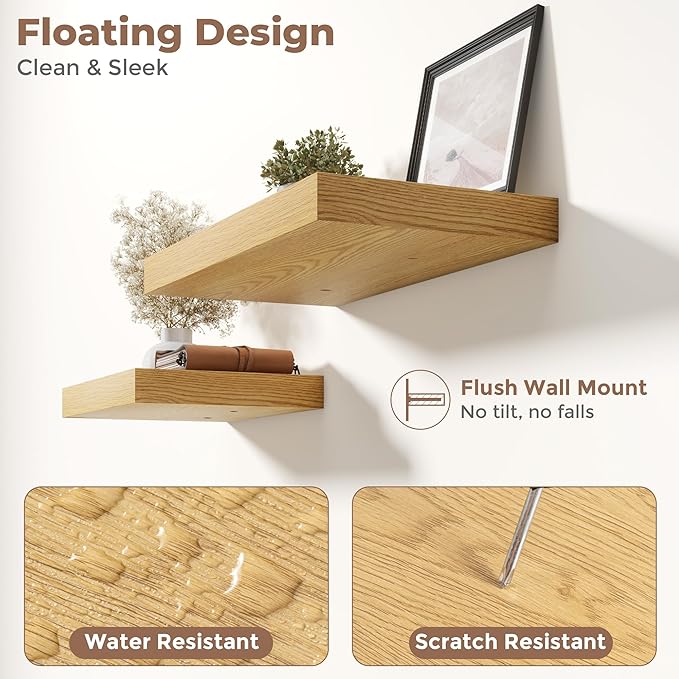 36 Inch Floating Shelves for Wall Set of 2, 12"D Wood Grain Bathroom Shelves with Invisible Brackets, Easy Install Engineered Wood Storage Shelves for Kitchen, Living Room, Bedroom, Oak Finish