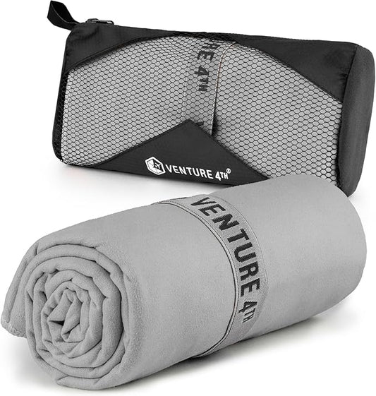 VENTURE 4TH Quick Dry Towel. Microfiber Travel Towel Ideal for Camping, Hiking, Backpacking, Gym. Lightweight & Fast Drying Travel Towels for Body. Compact & Easy to Pack - Light Gray Large