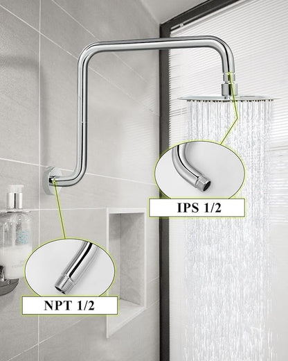 PHASAT 16 Inches Shower Arm Extension,S shaped Shower Arm with Flange,304 Stainless Steel High Rise Shower Head Arm Chrome,PU9D01-M