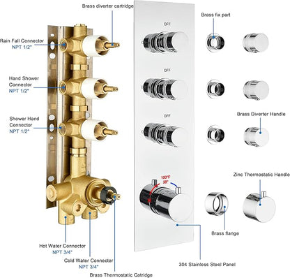 3-Way Chrome Shower Diverter Valve | Thermostatic Brass 3-Function Mixer | Individual On/Off Flow Control for Shower Arm & Shower Kit