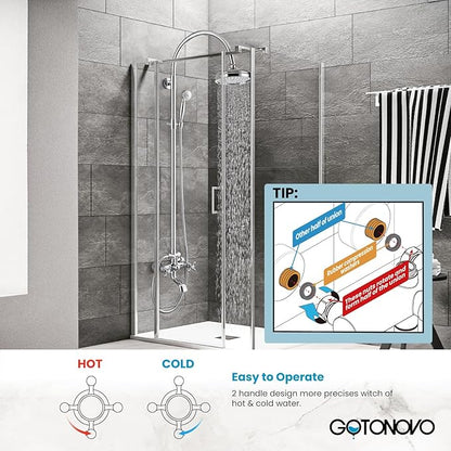 gotonovo Exposed Bathroom Shower System Classic Shower Kit 8 Inch Luxurious Rainfall Shower Head Handheld Spray Tub Filler Brass Pipe 3-Function Wall Mount Double Cross Knobs Polished Chrome