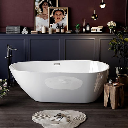 Bathtub with Upturned Ends, CUPC Chrome Drain and Overflow, White Interior and Black Exterior, Built-in Overflow, Fiber-Coated Fixing Bracket