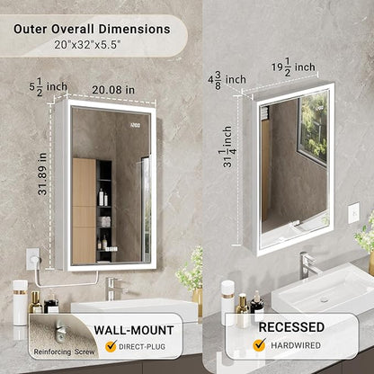 20x32 Lighted Medicine Cabinet with Beveled Mirror & Clock, Surface or Recessed Mirrored Medicine Cabinet with Dimmable Light Anti-fog, Built-in Sensing Light & Outlet, Soft-Close Right Hinge