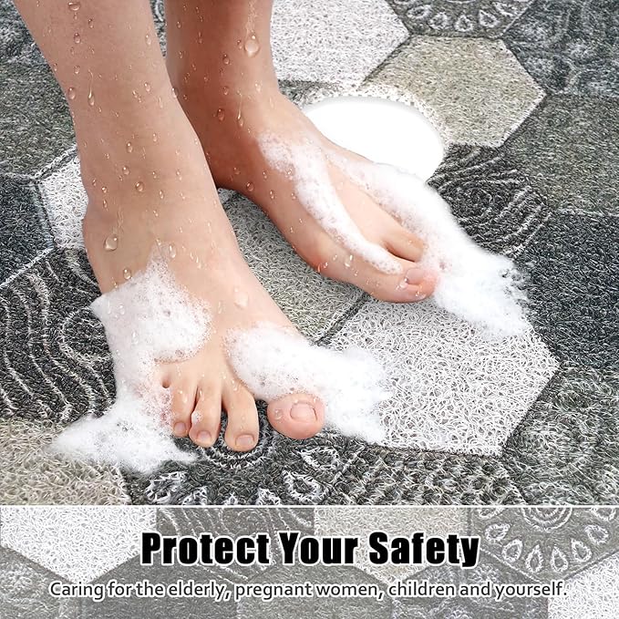 Square Shower Mat Non Slip: 27x27 Inch Extra Large Shower Floor Mat with Drain Hole in Middle - Soft PVC Loofah Bath Mat for Shower - Anti Slip Shower Stall Mat for Elderly and Kids