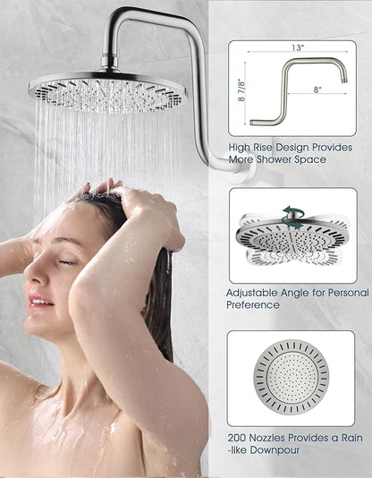 BRIGHT SHOWERS Shower Faucet Set, Shower System with Shower Valve Trim Kit, Double Handle Shower Fixture Rainfall Shower Head and 9-Setting Handheld Spray Combo, Valve Included, Brushed Nickel