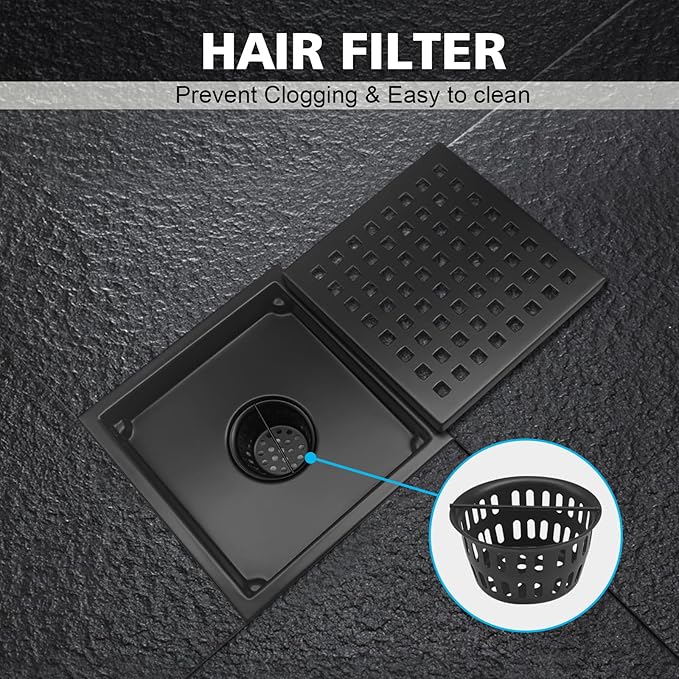 4 Inch Square Shower Drain with Flange, Removeable Grate SUS 304 Stainless Steel Shower Drain with Hair Catcher (Matte Black, 4 Inch)